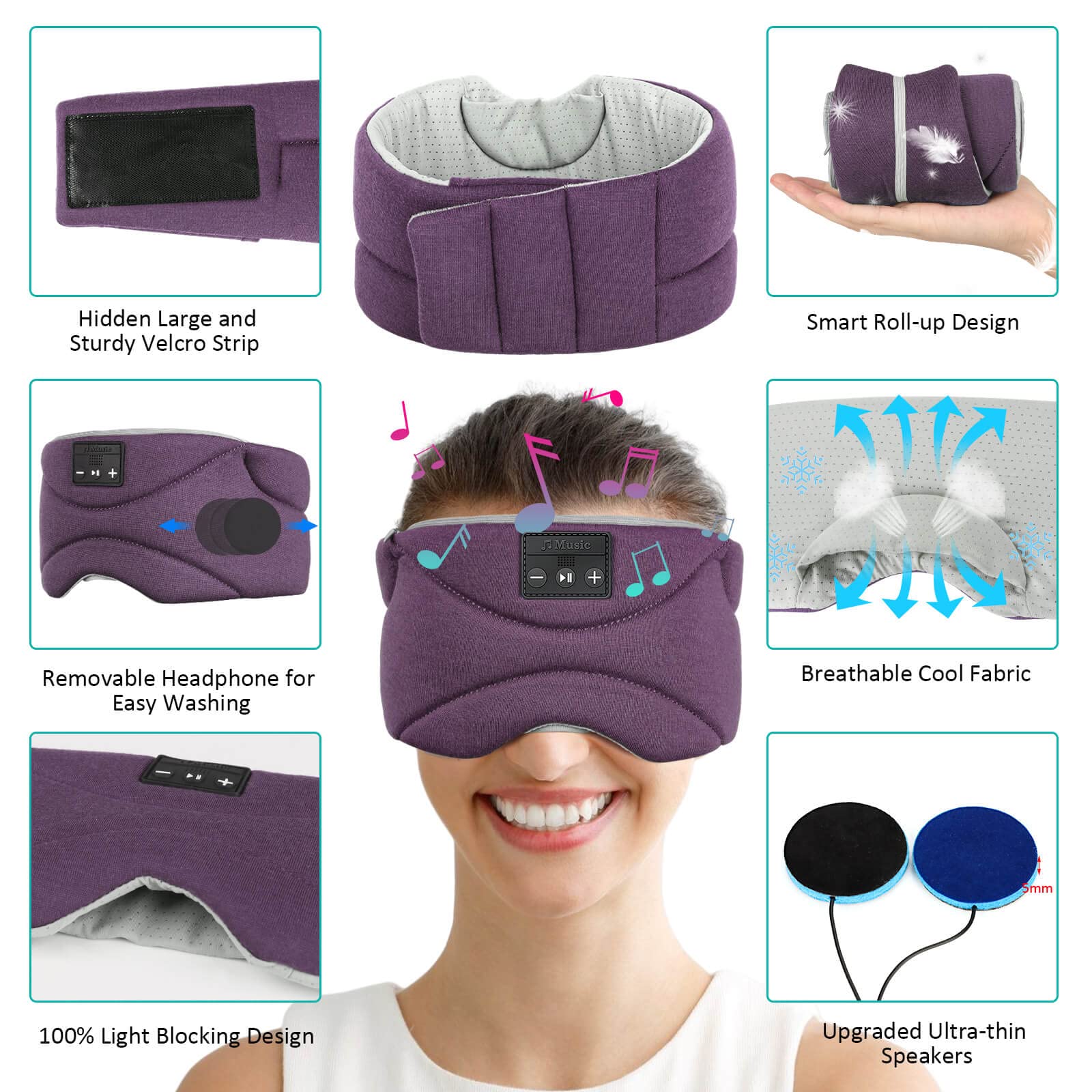 Sleep Mask with Bluetooth Headphones 24 White Noise, Ultra-Thin Speaker Cold Pack Blackout Bluetooth Eye Mask Sleep Headphones for Side Sleepers, Airplane, Travel, Cool Gadgets for Women Man (Purple)