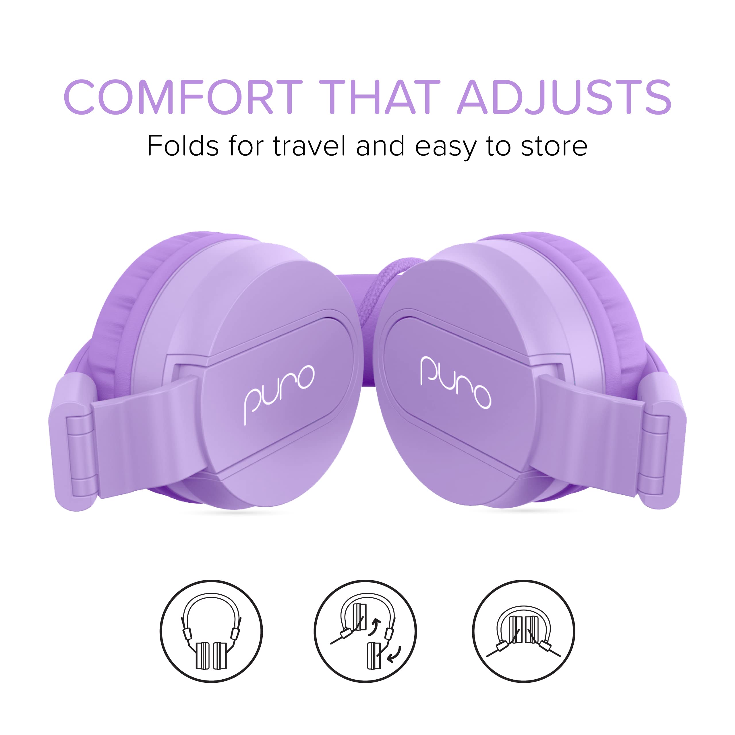 Puro Sound Labs PuroBasic Volume Limiting Wired Headphones for Kids, Foldable & Adjustable Headband w/Microphone, Compatible with Smartphones, Tablets and PC’s -Purple