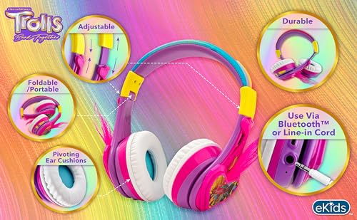 eKids Trolls Band Together Bluetooth Headphones for Kids, Wireless Headphones with Microphone includes Aux Cord, Volume Reduced Kids Foldable Headphones for School, Home, or Travel