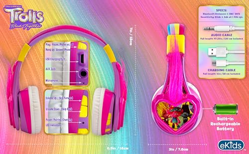 eKids Trolls Band Together Bluetooth Headphones for Kids, Wireless Headphones with Microphone includes Aux Cord, Volume Reduced Kids Foldable Headphones for School, Home, or Travel