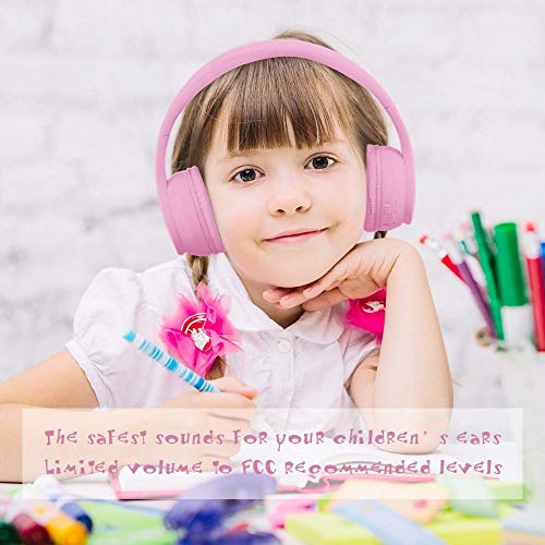 MIDOLA Headphones Bluetooth Wireless Kids Volume Limit 85dB /110dB Over Ear Foldable Noise Protection Headset/Wired inline AUX Cord Mic for Children Boy Girl Travel School Phone Pad Tablet PC Pink