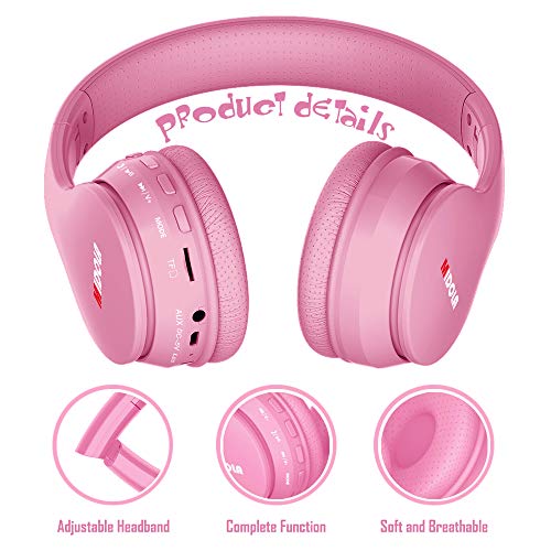 MIDOLA Headphones Bluetooth Wireless Kids Volume Limit 85dB /110dB Over Ear Foldable Noise Protection Headset/Wired inline AUX Cord Mic for Children Boy Girl Travel School Phone Pad Tablet PC Pink