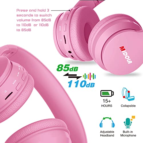 MIDOLA Headphones Bluetooth Wireless Kids Volume Limit 85dB /110dB Over Ear Foldable Noise Protection Headset/Wired inline AUX Cord Mic for Children Boy Girl Travel School Phone Pad Tablet PC Pink