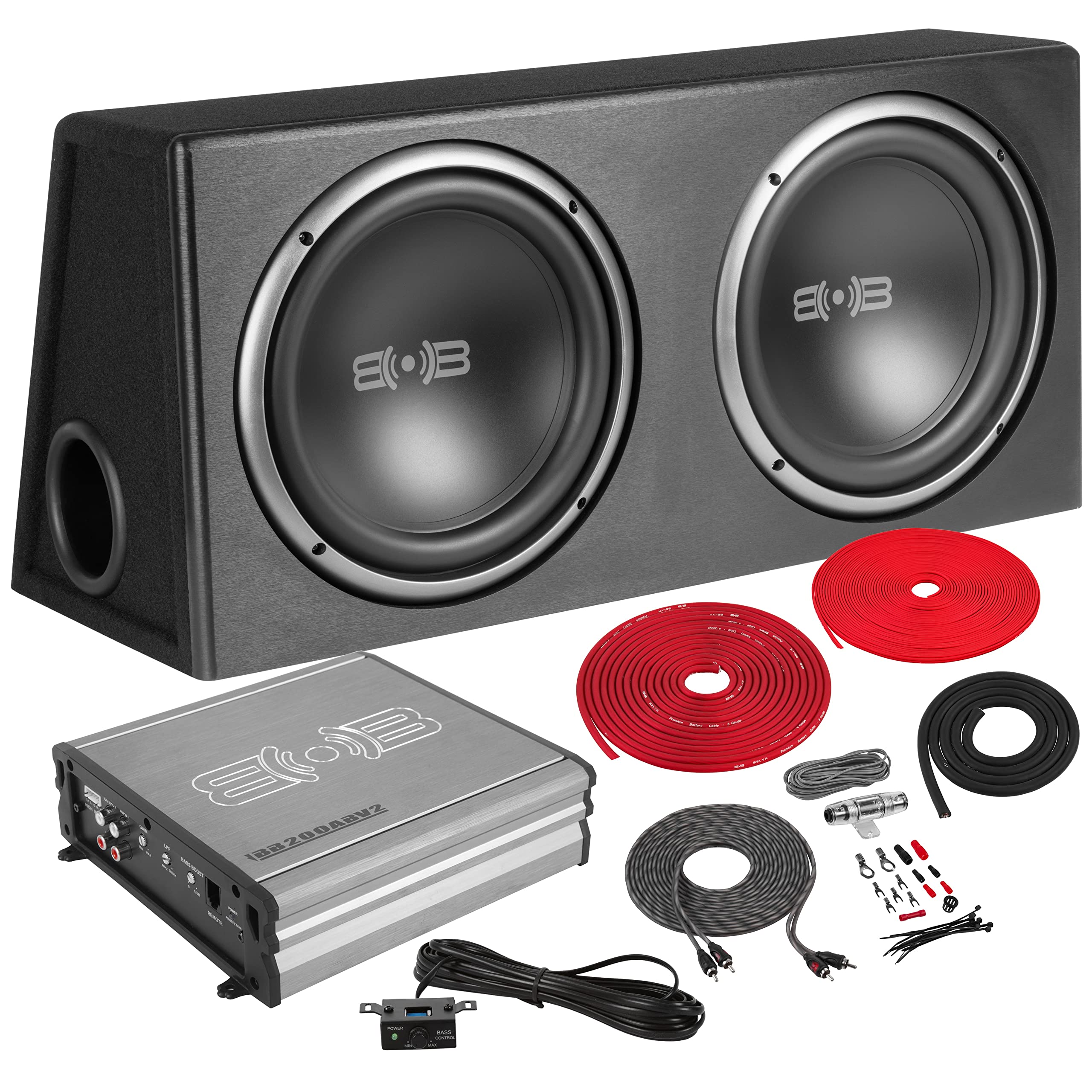 BELVA BPKG212v2 1200W Dual 12" Car Subwoofer with Ported Enclosure, Monoblock Amplifier, Wiring Kit and Remote Bass Knob