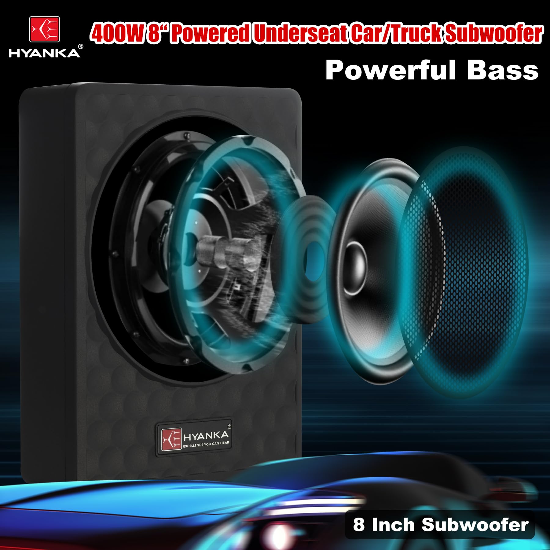 H YANKA SODA-08ASW 400W 8 Inch Compact Underseat Car Subwoofer with Built-in Amp, Slim Powered Subwoofer for Car/Truck/Jeep Audio