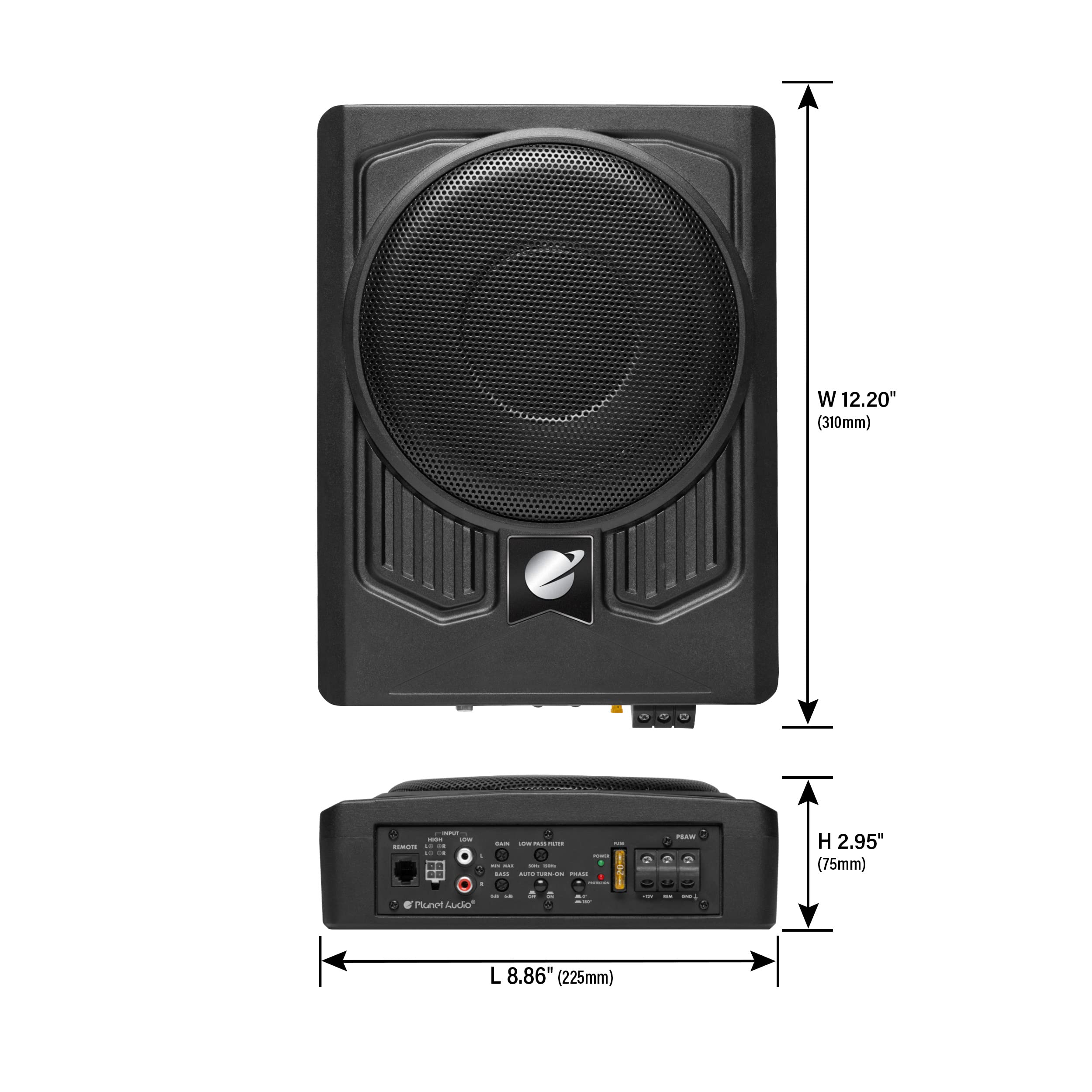 Planet Audio P8AWK Low Profile 8 Inch Under Seat Powered Car Subwoofer - 800 High Output, Built-in Amplifier, for Truck, Boxes and Enclosures, Remote Subwoofer Control