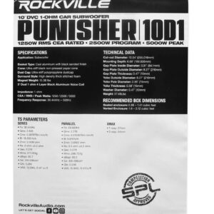 Rockville Punisher 10D1 10" 5000w Peak Competition Car Audio Subwoofer Dual 1-Ohm Sub 1250w RMS CEA Rated, Black