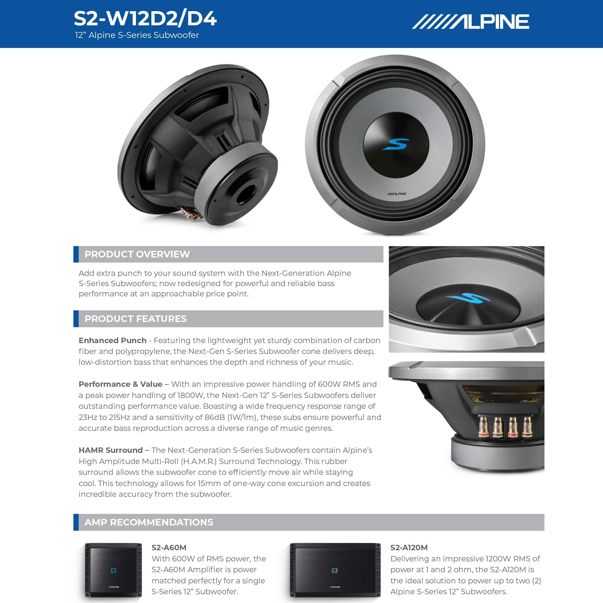 Alpine S2-W12D4 12" S-Series Dual 4 Ohm Car Subwoofer, 1800W Max, 600W RMS