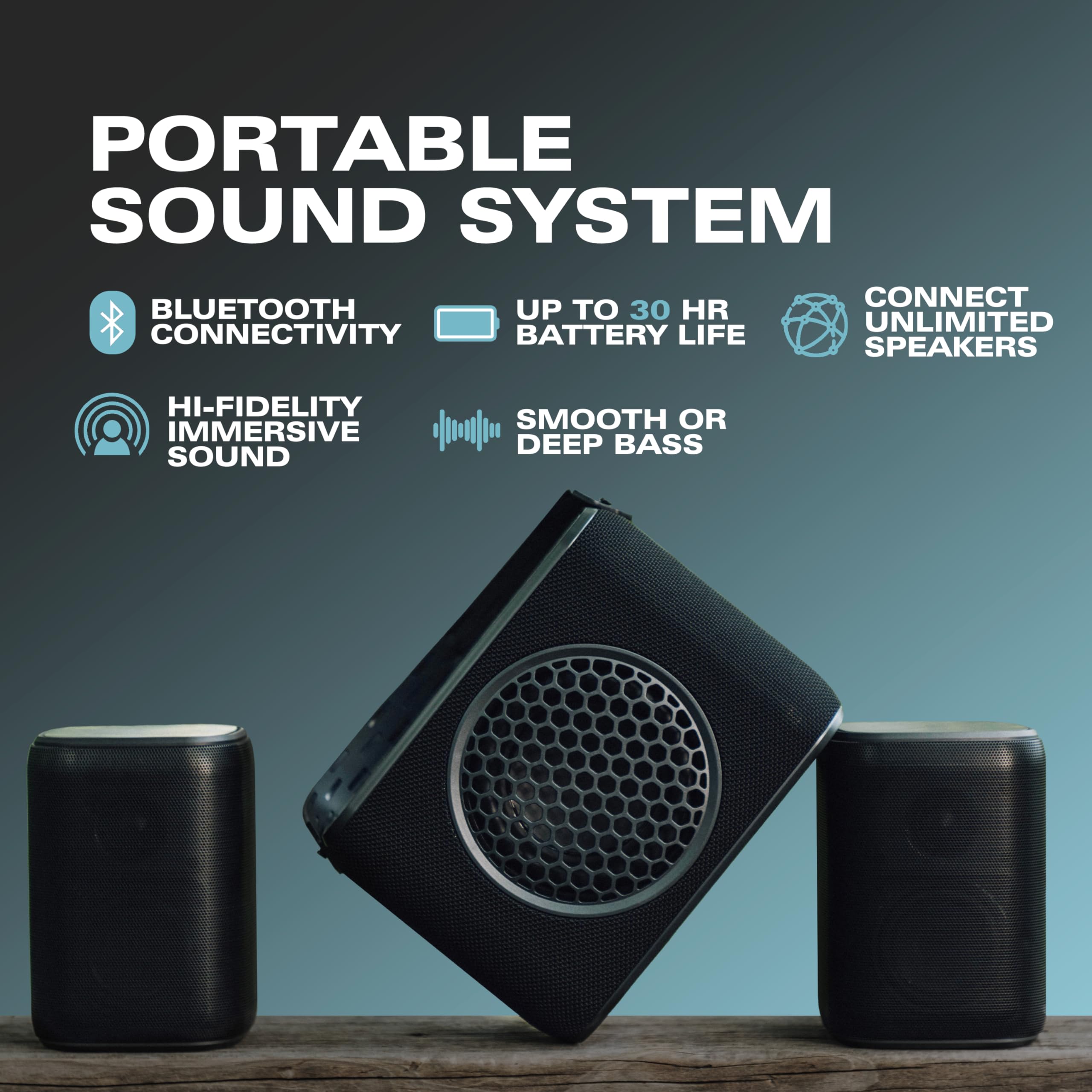 Rocksteady Stadium Portable Bluetooth Speaker and Subwoofer Combo - Up to 100 Foot Range - Up to 30 Hour Battery Life | 2 Speakers + 1 Subwoofer