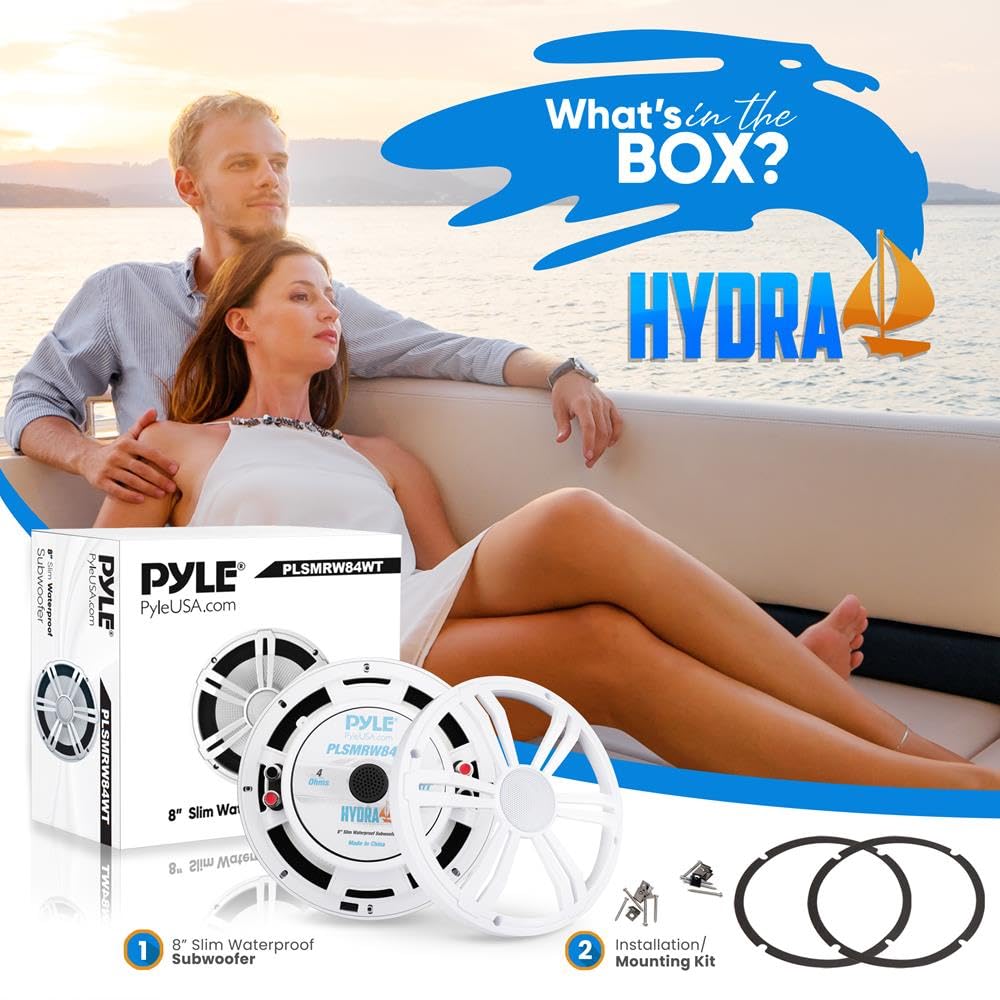 Pyle 8” Slim Marine Subwoofer - 300W 4 Ohm Waterproof Car Component Speaker System, Low Profile PP Cone w/ Rubber Edge, 30 Oz Magnet 1.5" Voice Coil, For Custom Audio Boat Truck Mobile Vehicle (White)