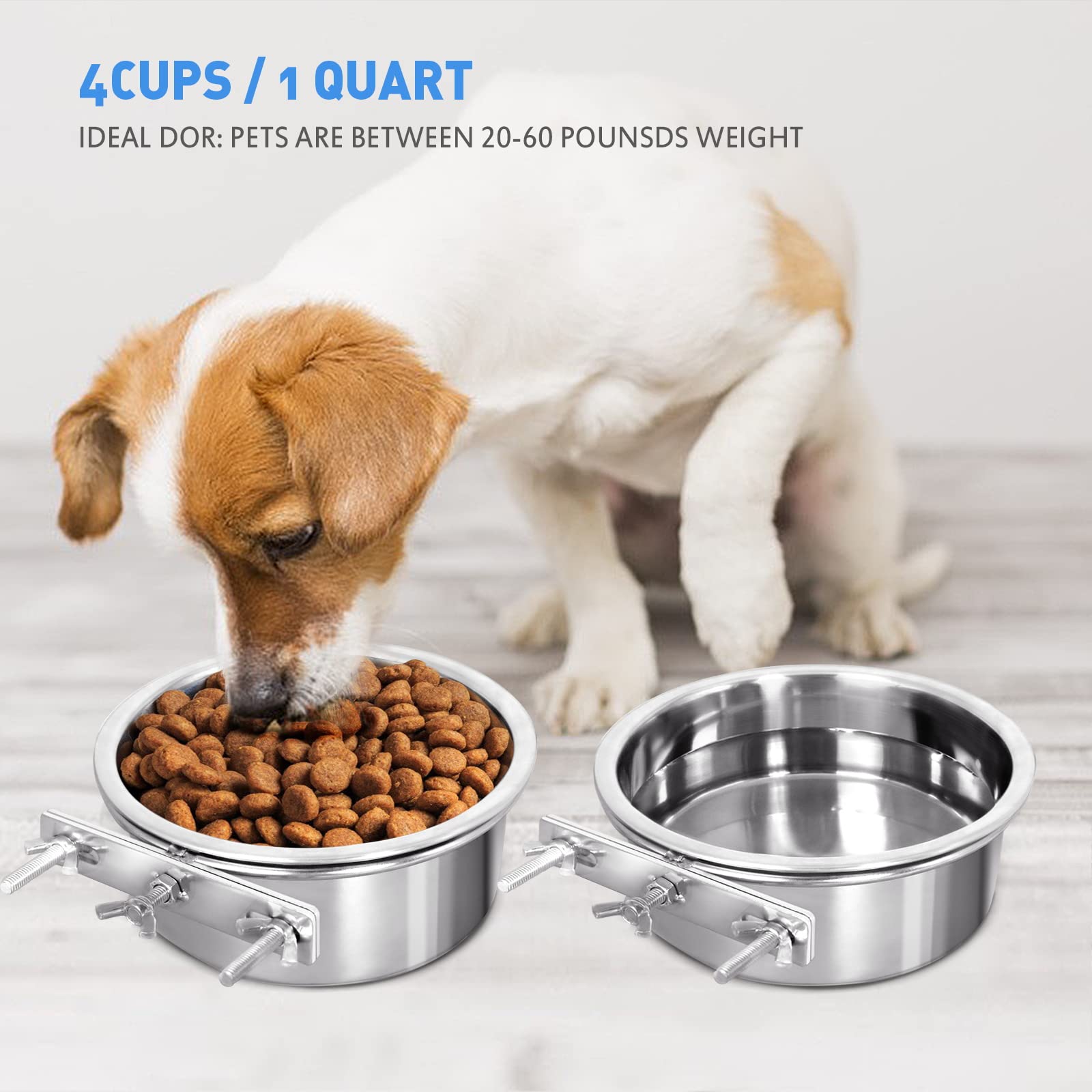 Water Bowl Food Bowl for Kennel Cage Crates, 2 Packs Stainless Steel Bowl Quick Lock Bowls for Dog Cat Bird Guinea Pig Rabbit Chicken Coop - 4 Cups / 1 Quart