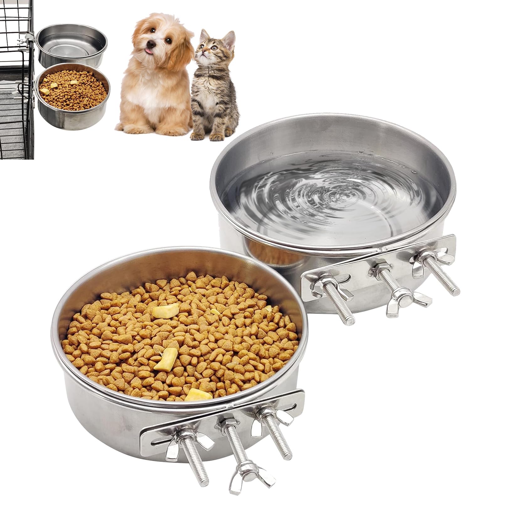 Hamiledyi 2 Pcs Dog Crate Bowl Stainless Steel Puppy Bowls Durable Spill-Proof Pet Water Bowl Hanging Water/Food Metal Bowls for Puppy Medium-Sized Dogs Cats (5.51'' x 2.2'')