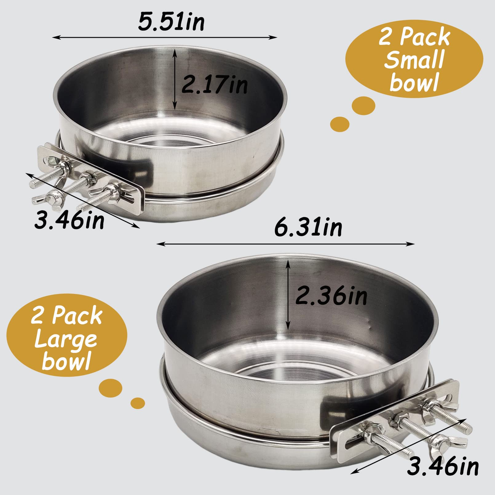 Hamiledyi 2 Pcs Dog Crate Bowl Stainless Steel Puppy Bowls Durable Spill-Proof Pet Water Bowl Hanging Water/Food Metal Bowls for Puppy Medium-Sized Dogs Cats (5.51'' x 2.2'')