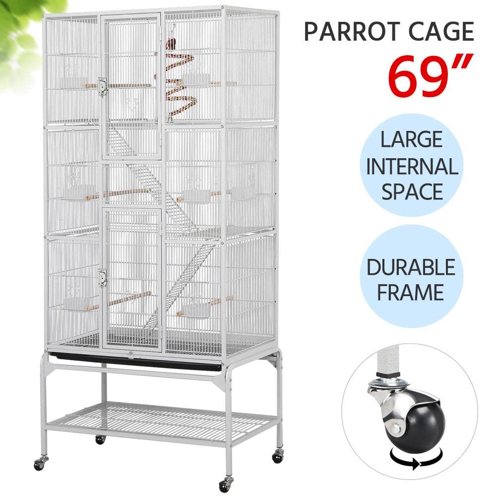 Yaheetech 69-Inch Extra Large Wrought Animal Cage Metal 3 Levels Small Animal Cage w/Cross Shelves and Ladders for Ferret Chinchilla Sugar Glider Squirrel, White