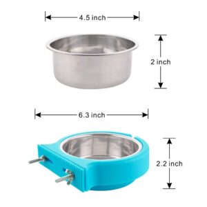 Crate Dog Bowl Removable Stainless Steel Water Food Feeder Bowls Cage Coop Cup for Cat Puppy Bird Pets (Small, Blue with Corrugated Clip)