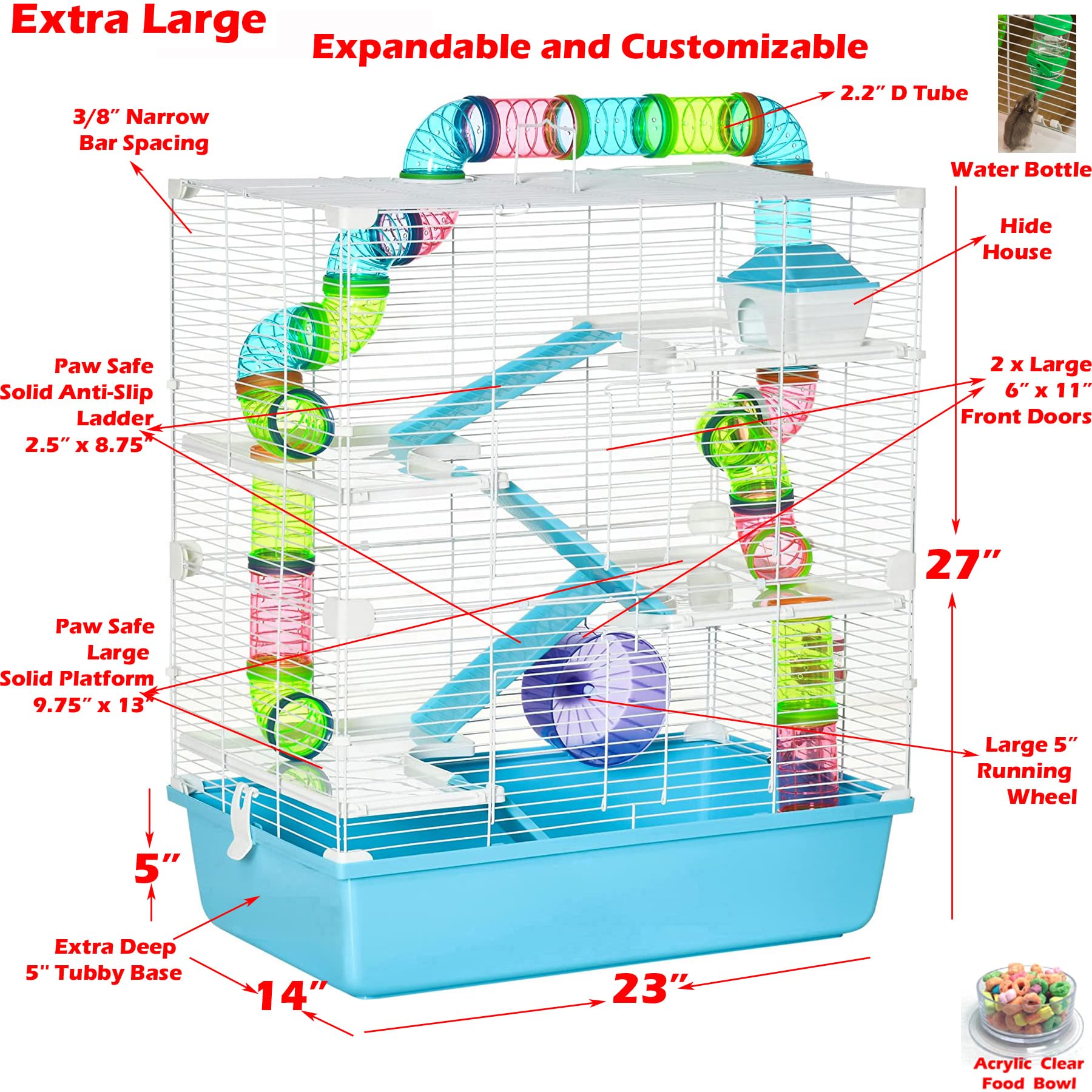 Extra Large 23" Multi-Floors Hamster Mansion Mouse Habitat Gerbil Home Rat House Small Animal Critter Expandable and Customizable Cage with Hide House Running Wheels Food Dish Water Bottle Deep Base