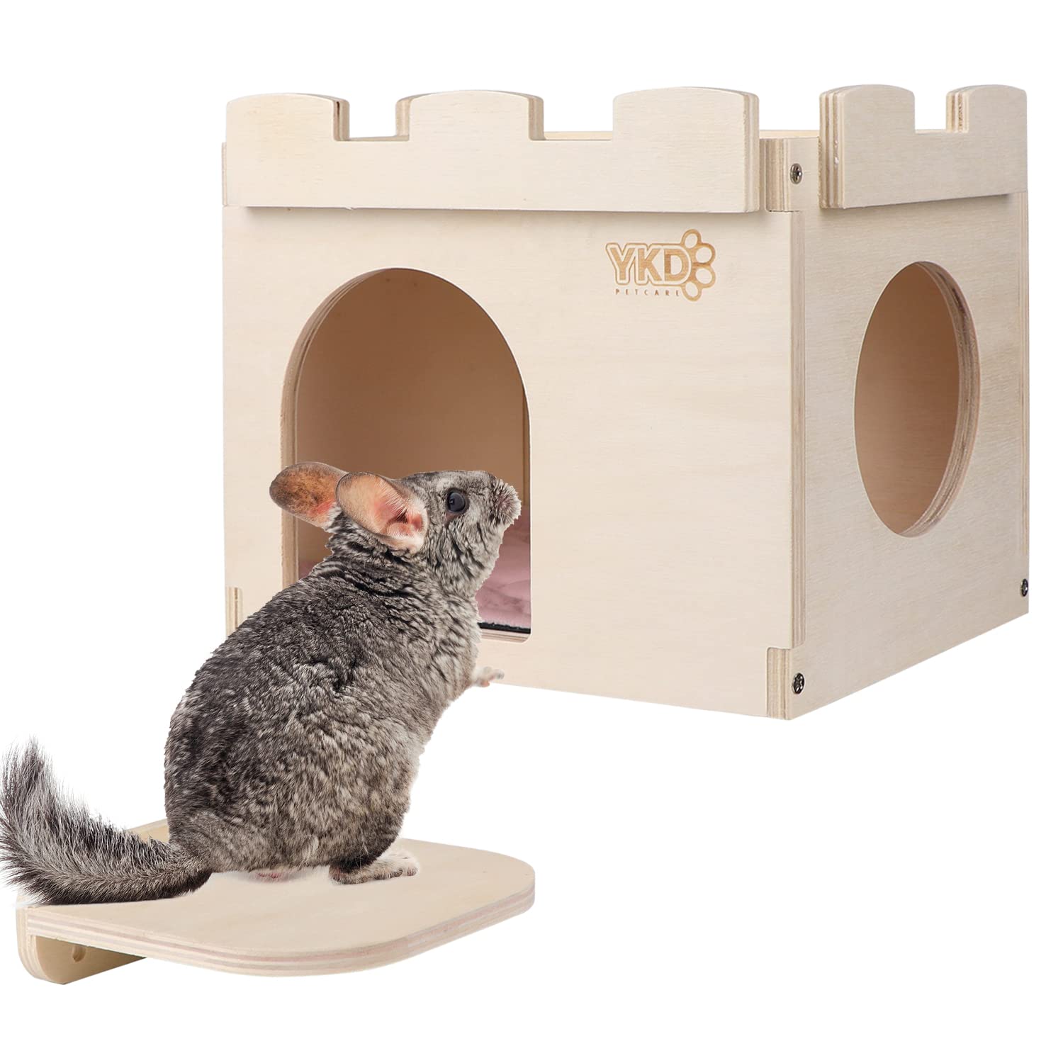 Castle Chinchilla House - Small Animal Hideout for Chinchilla Guinea Pig Hedgehog, or Rat - Ventilated Wooden Hamster Habitat with Multiple Doors - Made from Natural Wood