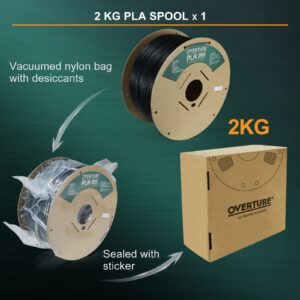 OVERTURE PLA Filament 1.75mm PLA 3D Printer Filament, 2kg Cardboard Spool (4.4lbs), Dimensional Accuracy +/- 0.02mm, Fit Most FDM Printer(Black 2KG-1 Pack)