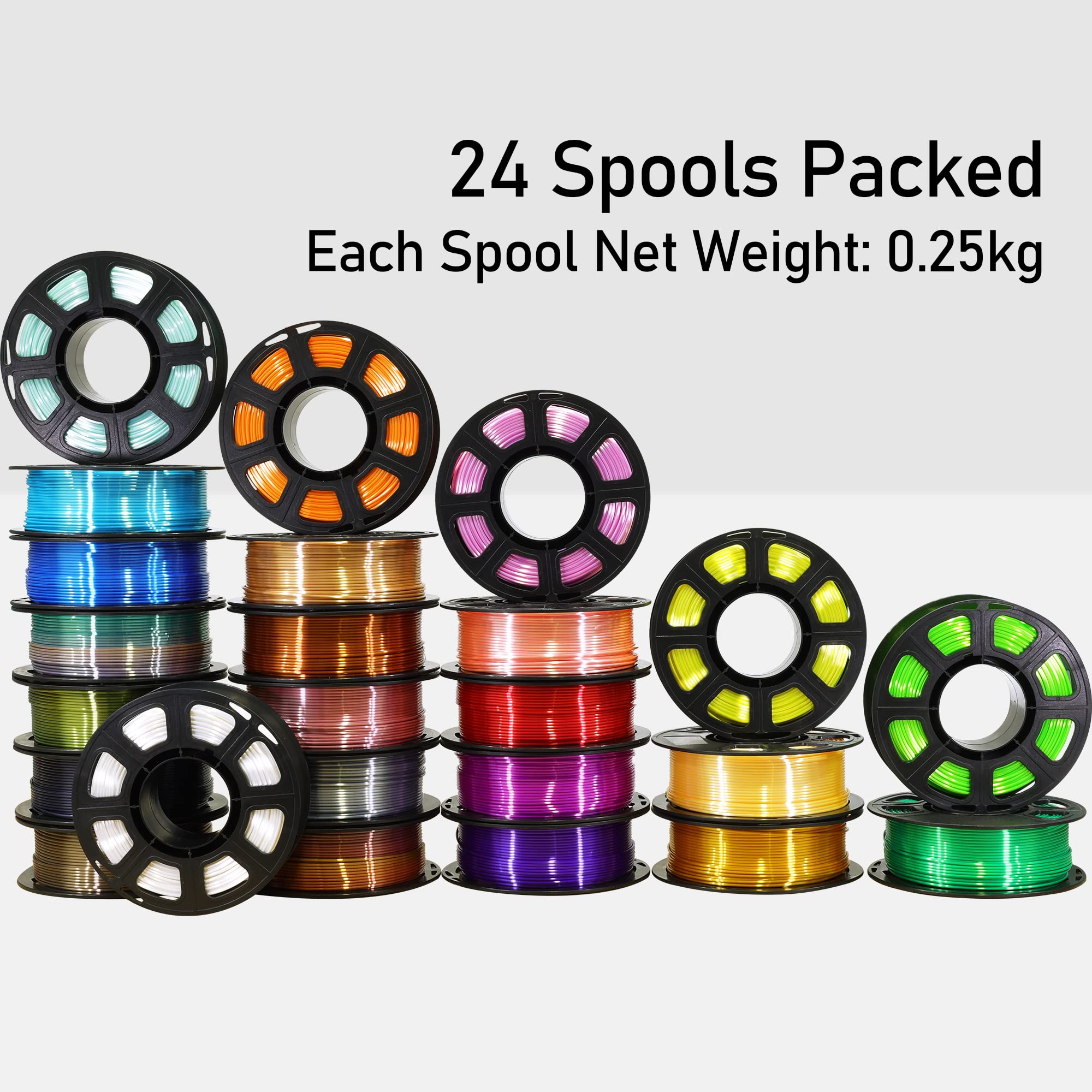 24 Colors 1.75mm Silk Shiny PLA Filament Bundle Pack, It Include 24 Silk Shiny Luster Beautiful Bright Colors, Each Spool 250g, 24 Spools Packed, Total 6Kg 3D Printer Filament Material by MIKA3D