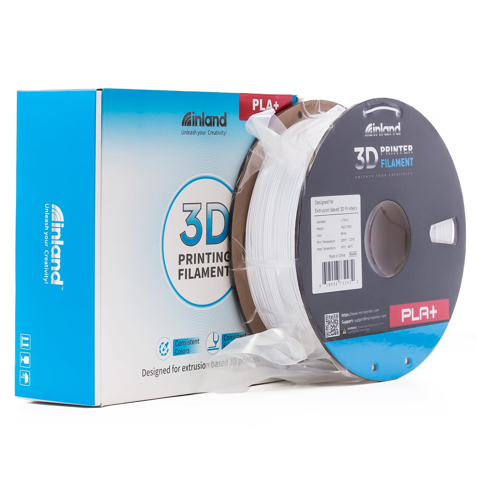 INLAND Micro Center PLA+ 3D Printing Filament 1.75mm - White PLA Plus 3D Printer Filament - PLA Pro Dimensional Accuracy +/- 0.03 mm - 1 kg Cardboard Spool (2.2 lbs)