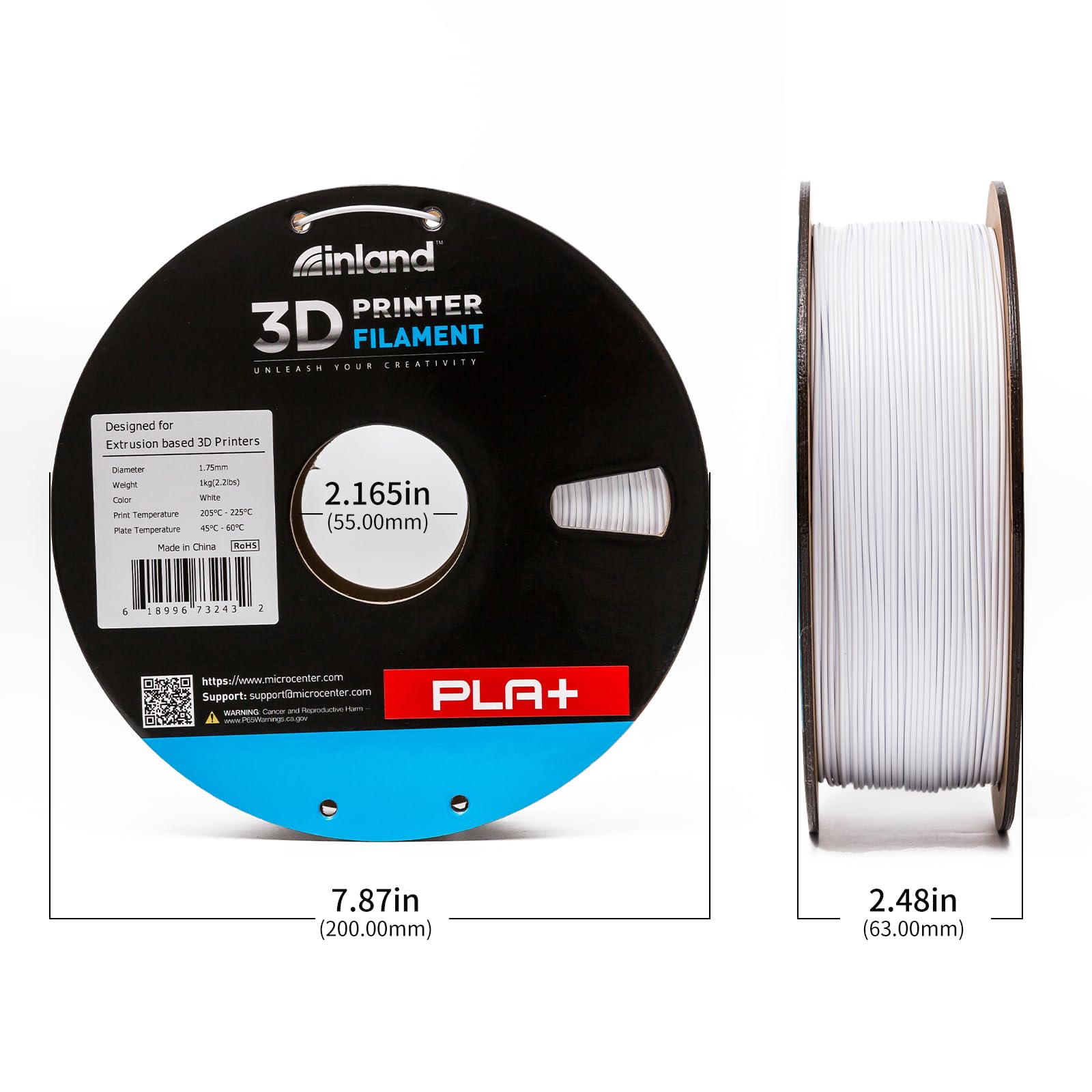 INLAND Micro Center PLA+ 3D Printing Filament 1.75mm - White PLA Plus 3D Printer Filament - PLA Pro Dimensional Accuracy +/- 0.03 mm - 1 kg Cardboard Spool (2.2 lbs)