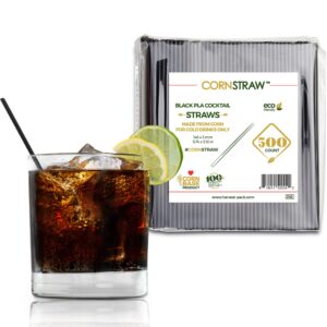 [500 COUNT] CORNSTRAW 5" Black PLA Cornstarch Plasticless Disposable Drink Stirrer Cocktail Straw