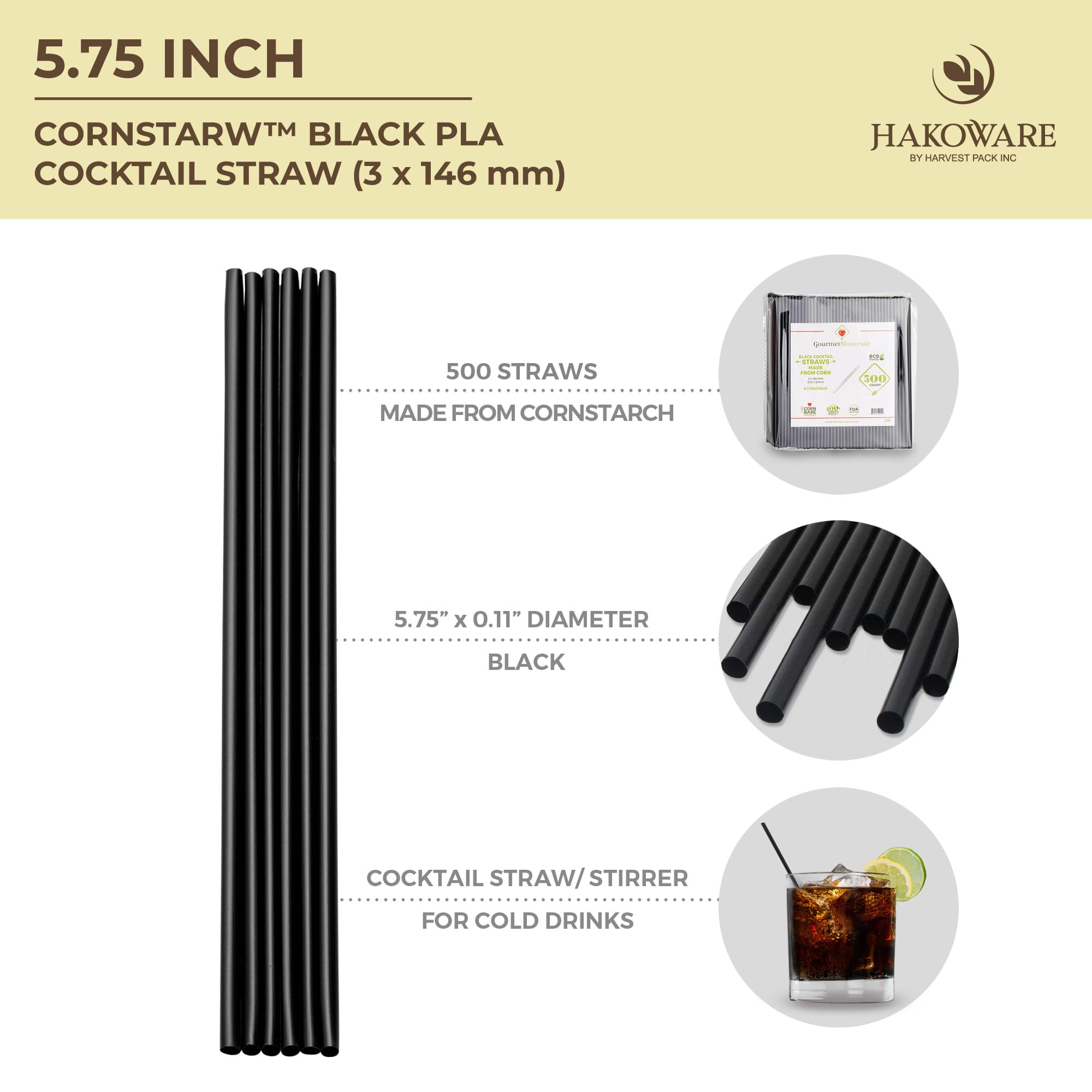 [500 COUNT] CORNSTRAW 5" Black PLA Cornstarch Plasticless Disposable Drink Stirrer Cocktail Straw