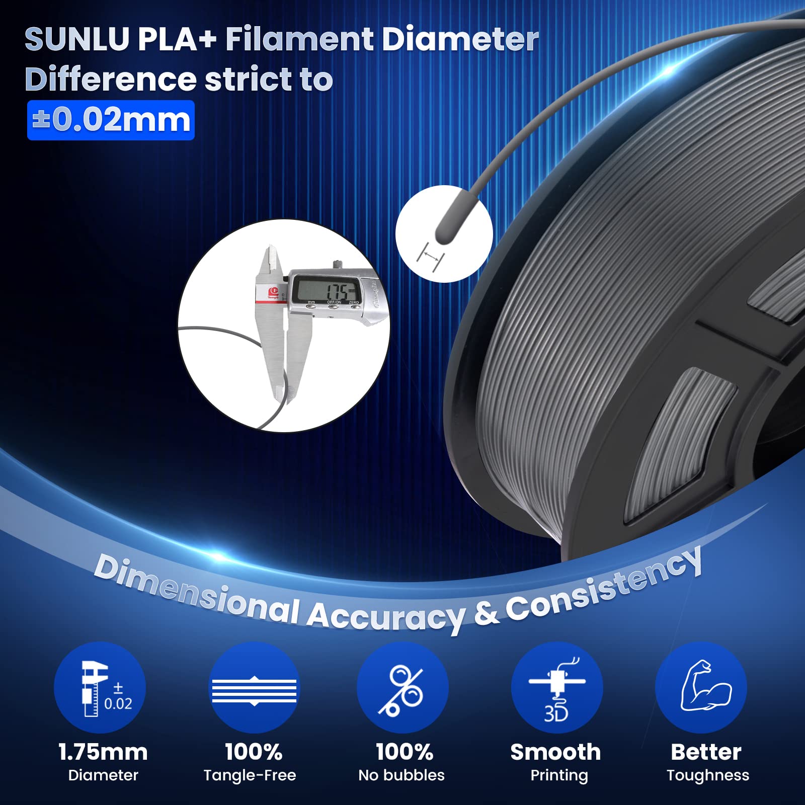 SUNLU 3D Printer Filament PLA Plus 1.75mm, SUNLU Neatly Wound PLA Filament 1.75mm PRO, PLA+ Filament for Most FDM 3D Printer, Dimensional Accuracy +/- 0.02 mm, 1 kg Spool(2.2lbs), Grey