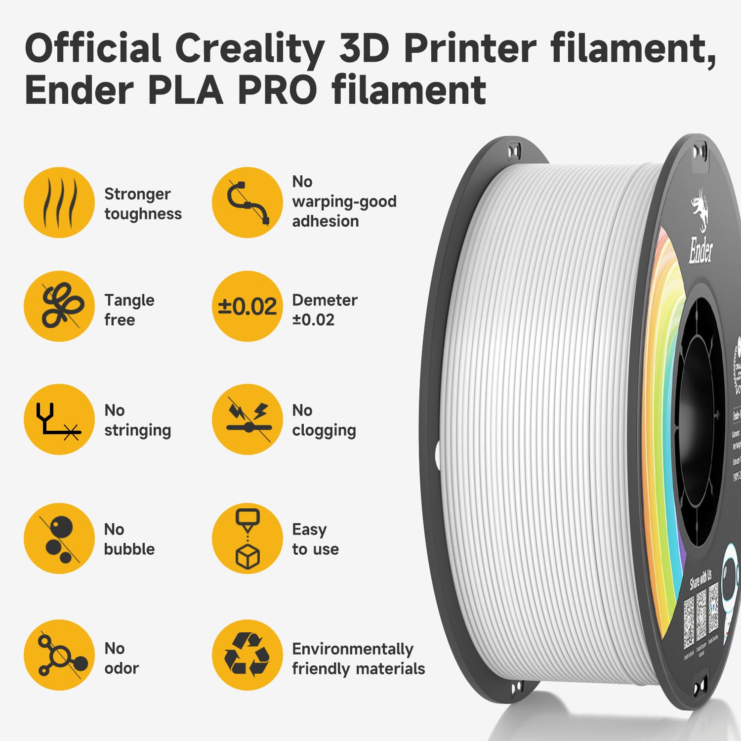 Official Creality PLA Filament Pro White, 1.75mm 3D Printer Filament, Ender PLA + (Plus) Printing Filament, 1kg Spool (2.2lbs), Dimensional Accuracy ±0.02mm. Fit Most FDM Printers