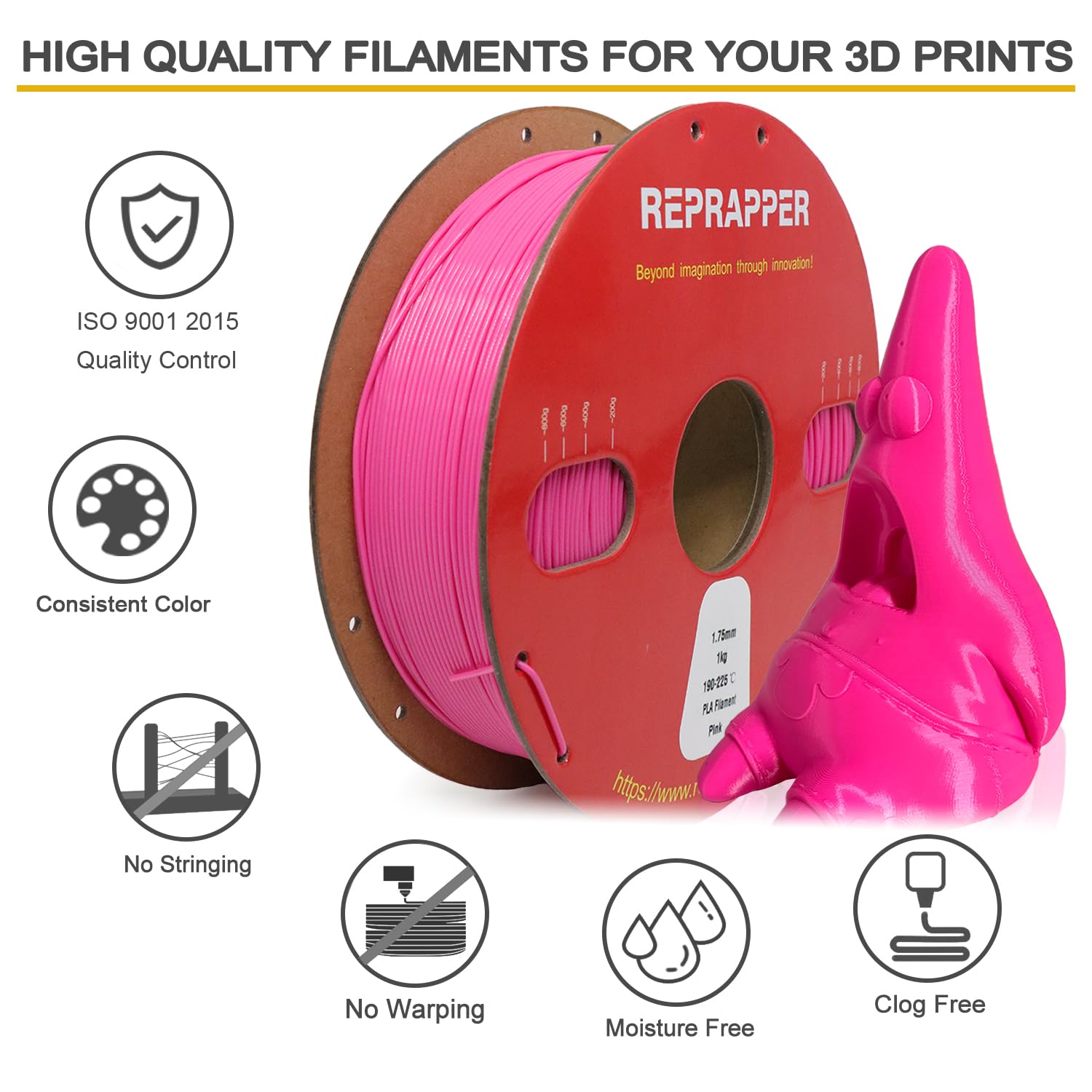 RepRapper Pink PLA 3D Printer Filament 1.75mm (± 0.03mm) 2.2lb (1kg) Cardboard Spool, Fit Most FDM Printer