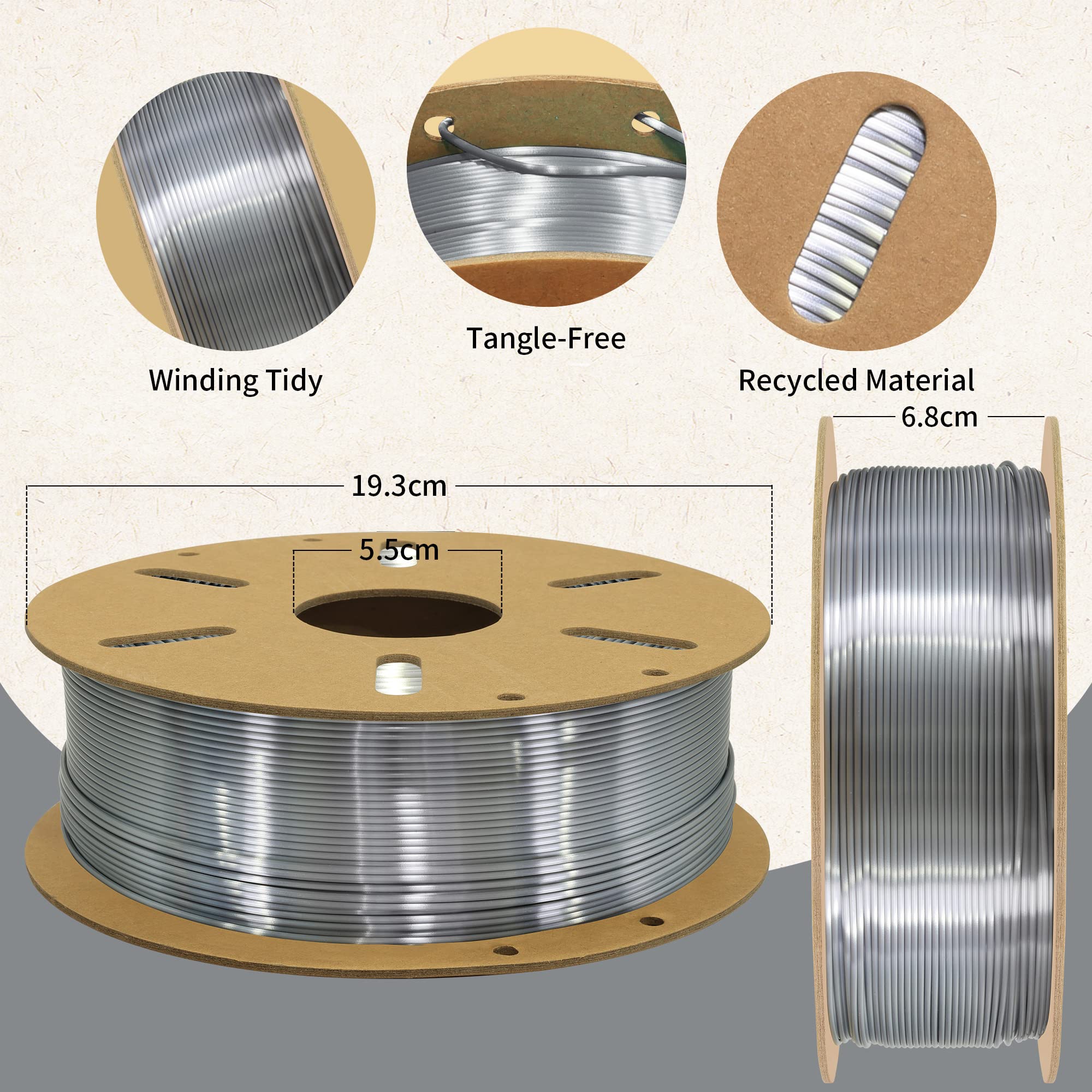 MKOEM 3D Printing Filament 1.75mm Silk Metallic Silver PLA 3D Printer Filament, 1KG 2.2LBS 3D Printing Material Silk PLA, High Diameter Tolerance, Widely Fit For 3D Printer/3D Pen, 1KG Silk Silver PLA