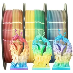 1.75mm silk fast color change rainbow pla, 3 different multi color pla filament bundle, rainbow orange-red, blue-purple, yellow-green, 0.5kg 3 spools packed, total 1.5kg 3d printer material by mika3d