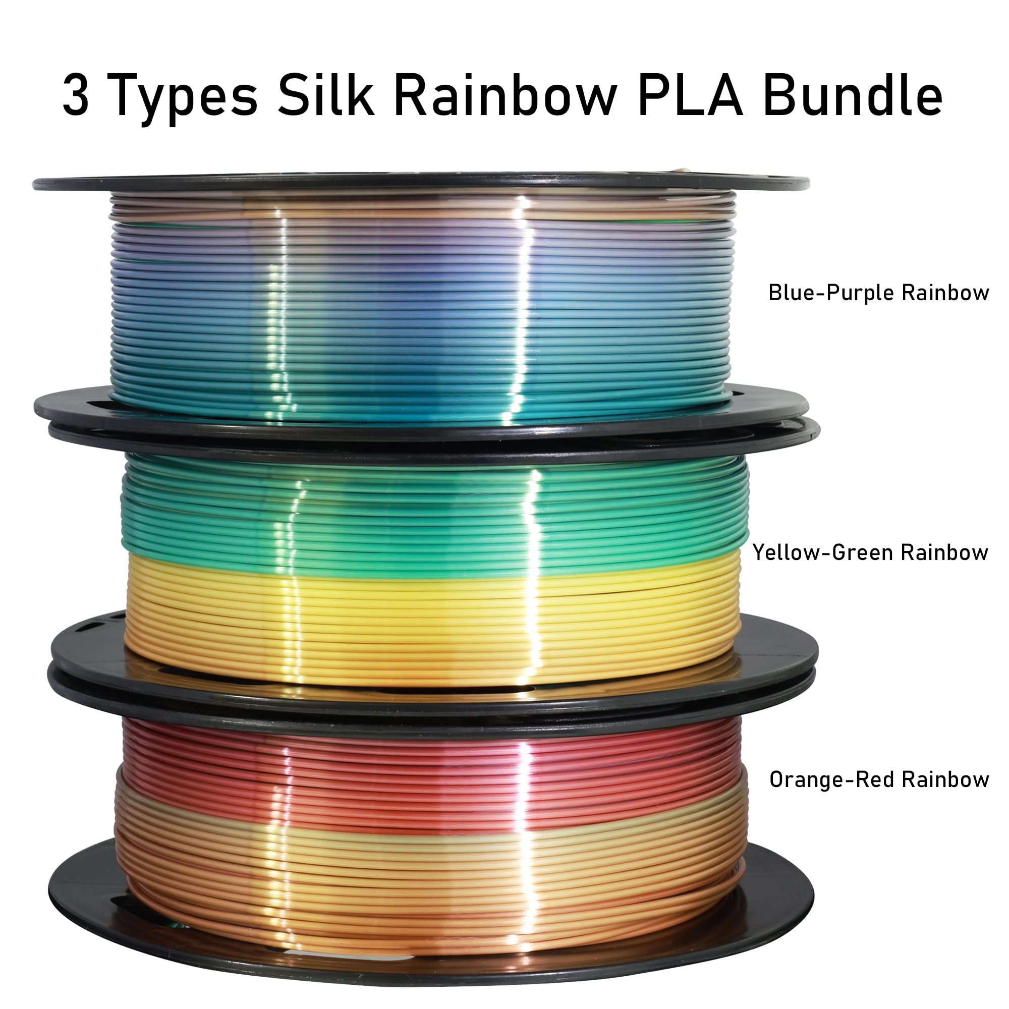 1.75mm Silk Fast Color Change Rainbow PLA, 3 Different Multi Color PLA Filament Bundle, Rainbow Orange-Red, Blue-Purple, Yellow-Green, 0.5kg 3 Spools Packed, Total 1.5kg 3D Printer Material by MIKA3D