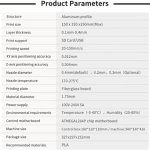 3D Printer Mini High Precision DIY 3D Printer Kit Print Size 150 * 150 * 150mm 1.75mm PLA with Resume Printing Function Auto Leveling