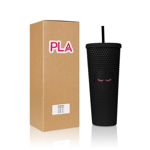 PLA Beauty Studded Tumblers | Insulated Double Wall | With Screw on Lid and Straw | Cold Beverage | Hand Wash | 24 oz (Black Lash)