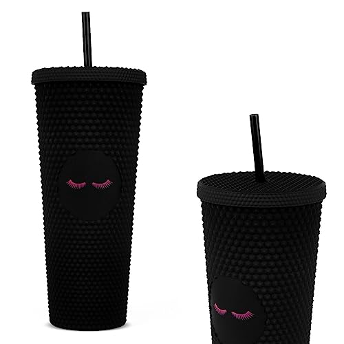 PLA Beauty Studded Tumblers | Insulated Double Wall | With Screw on Lid and Straw | Cold Beverage | Hand Wash | 24 oz (Black Lash)