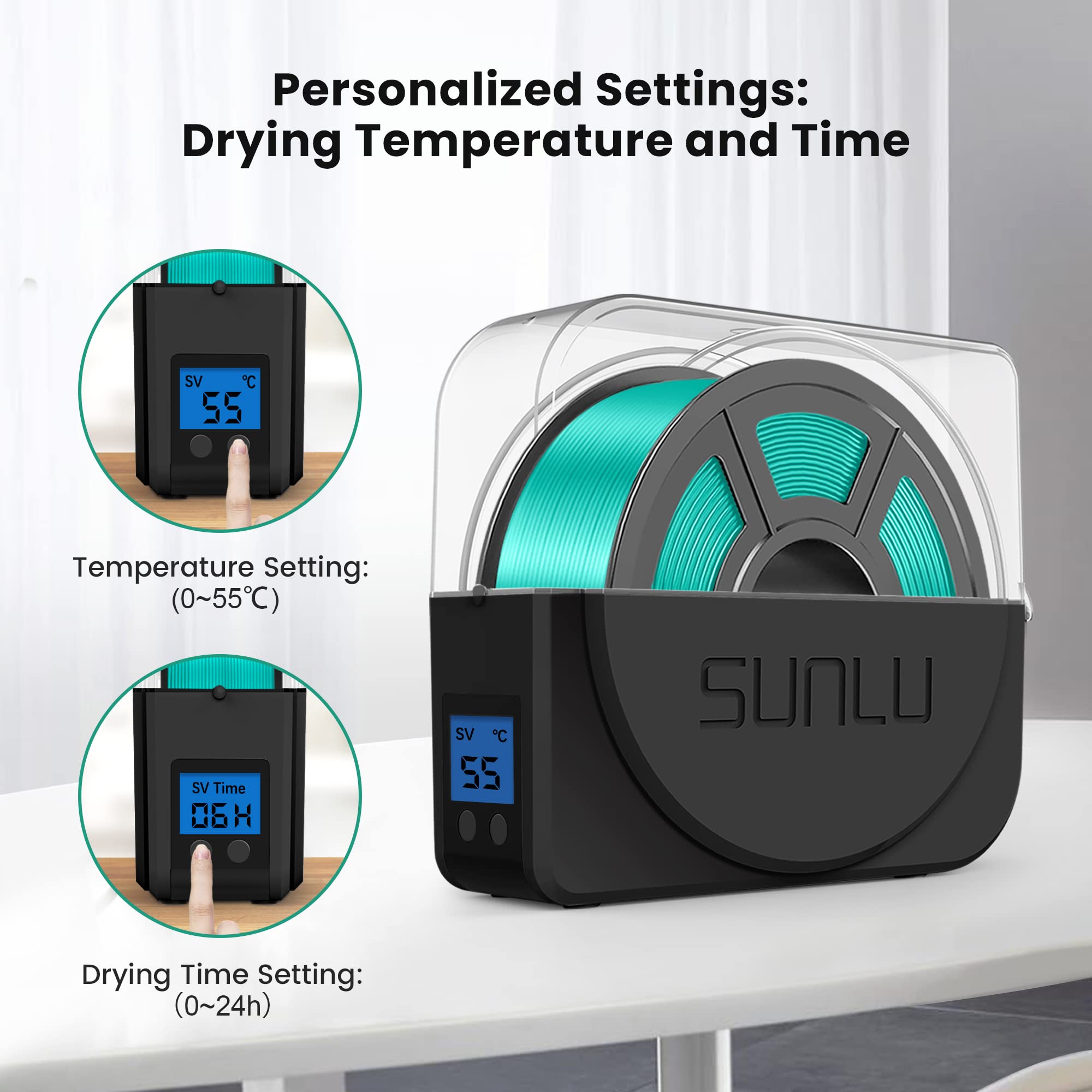 SUNLU Official Filament Dryer S1 Plus, Built-in Circulation Fan, Filament Dryer Box Storage Box for 3D Printer Filament 1.75 2.85 3.00, S1 Plus Black