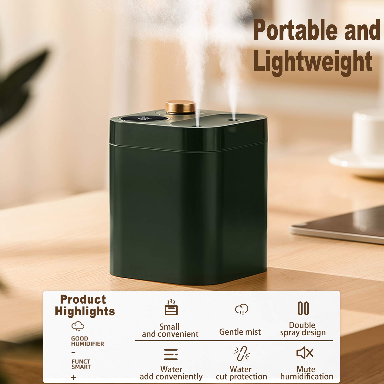 Portable Cordless Plant Humidifier 800ml Orfonbi, Battery Operated Small Cool Mist Humidifiers for up to 8 Hours, 28db Quiet, USB Rechargeable Mini Humidifier for Baby, Bedroom, Home, Office Green