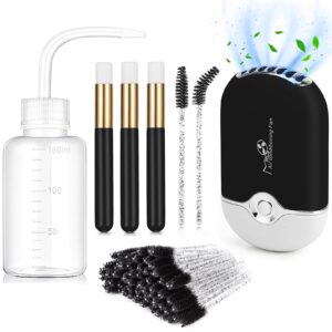 Shmian Eyelash Cleaning Kit - Mini Portable Lash Fan with 50 Shampoo Brushes, Nose Blackhead Cleanser, and Wash Bottle - for Eyelash Extensions, Black