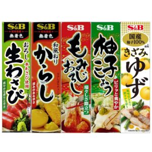 assortment of japanese seasoning s&b kneading mustard, japanese kneading mustard, momiji-oroshi(grated daikon and red pepper), yuzu kosho (citron pepper), yuzu(citron) wasabi