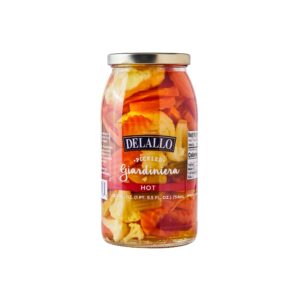 delallo hot giardiniera, 25.5 ounce jar 6 pack, spicy hot mixed vegetable condiment for sandwiches and burgers, 100% cured, gluten free, non-gmo, grown in greece