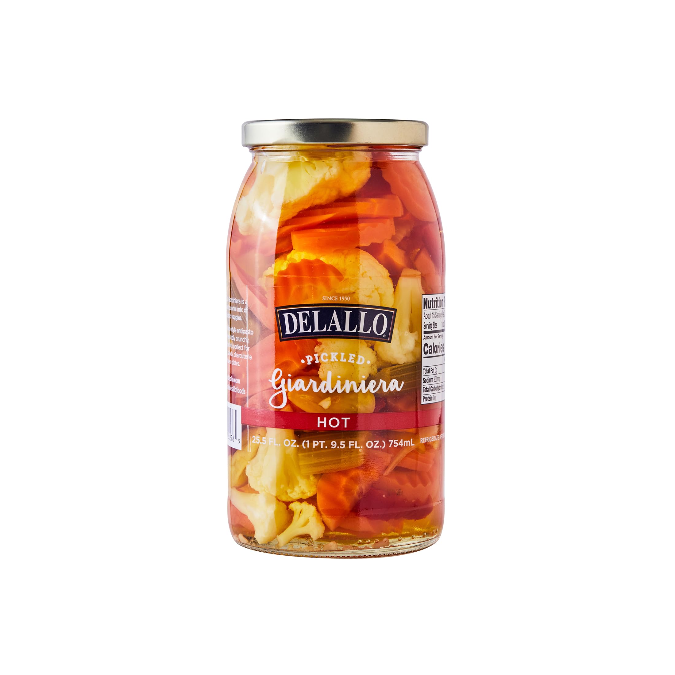 DeLallo Hot Giardiniera, 25.5 Ounce Jar 6 Pack, Spicy Hot Mixed Vegetable Condiment for Sandwiches and Burgers, 100% Cured, Gluten Free, Non-GMO, Grown in Greece