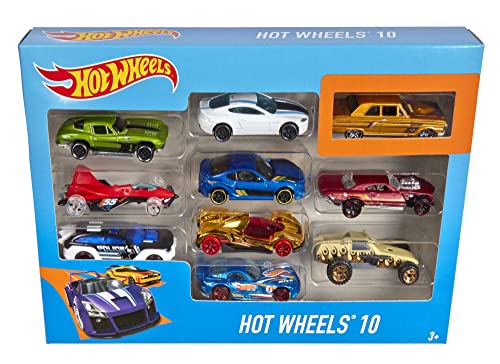 Hot Wheels Set of 10 Toy Cars & Trucks in 1:64 Scale, Race Cars, Semi, Rescue or Construction Trucks (Styles May Vary)