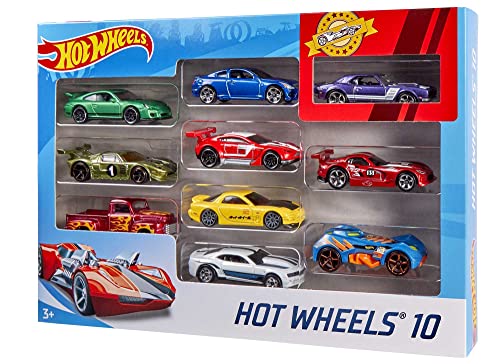 Hot Wheels Set of 10 Toy Cars & Trucks in 1:64 Scale, Race Cars, Semi, Rescue or Construction Trucks (Styles May Vary)