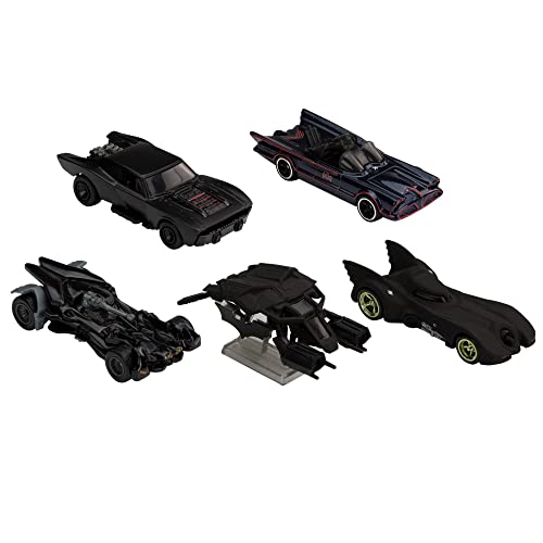 Hot Wheels Batman Batmobile Toy Car Bundle, Set of 5 Fan-Favorite Castings in 1:64 Scale with Special Packaging