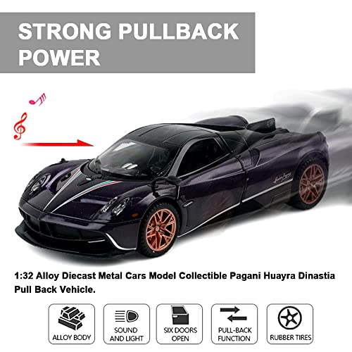 1:32 Alloy DieCast Metal Cars Model Collectible Pagani Huayra Dinastia Pull Back Vehicle, Pull Back Model Cars with Light and Sound，Children's Christmas Birthday Gifts,etc.(Purple)