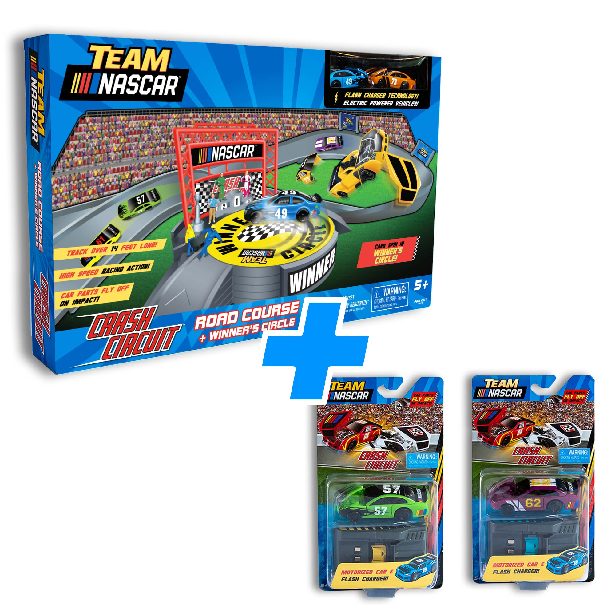 Far Out Toys NASCAR Crash Circuit Ultimate Road Course Bundle with Huge Race Track, Winner’s Circle, 4 Cars Total | Electric Powered, Over 6 Ft Assembled | Capture The Momentum and Thrill of Nascar