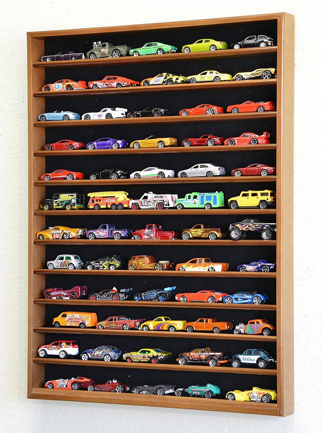 60 Hot Wheels Hotwheels Matchbox 1/64 Scale Diecast Model Cars Display Case - NO DOOR (Walnut Wood Finish)