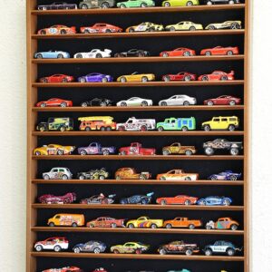 60 Hot Wheels Hotwheels Matchbox 1/64 Scale Diecast Model Cars Display Case - NO DOOR (Walnut Wood Finish)