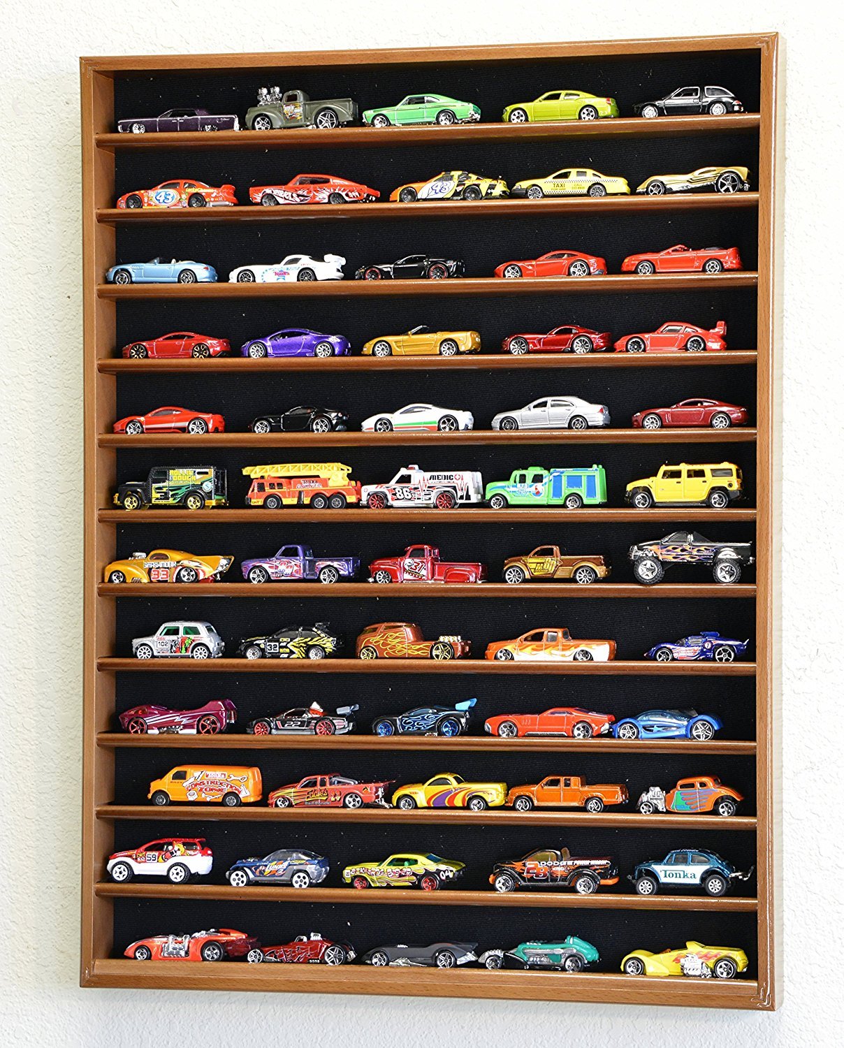 60 Hot Wheels Hotwheels Matchbox 1/64 Scale Diecast Model Cars Display Case - NO DOOR (Walnut Wood Finish)